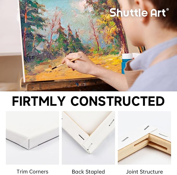 Shuttle Art Stretched Canvas, 15 Multi Pack, 4x4, 5 x 7, 8 x 10, 9x12, 11 x 14 Inches (3 of Each), 100% Cotton, Primed White Painting Canvas, Art Canvases for Acrylic, Oil, Acrylic Pouring Painting