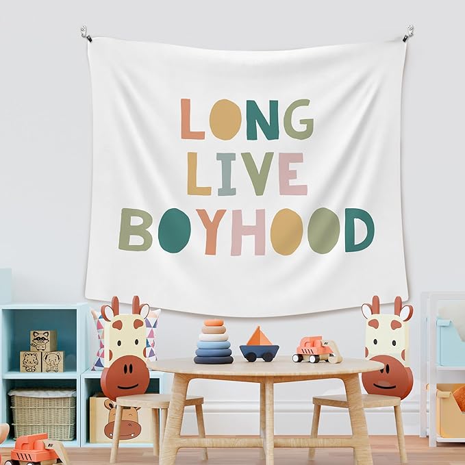 XLDLIOO Boho Classroom Tapestry, Long Live Boyhood Wall Tapestry, Boho Classroom Decor, Inspirational Wall Decor Art for Kids Boys Toddler Nursery Room Playroom, 50x60in