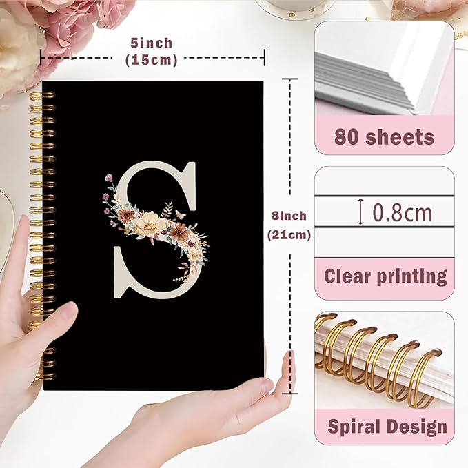Lacama Black Initial Letter S School Notebook Journal, Cute Wildflower Personalized Spiral Notebook, School Supplies, Customized Monogrammed Gifts, Birthday Gifts for Women, Office Supplies