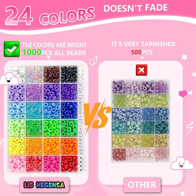 LIS HEGENSA Pony Beads Bulk,Kandi Beads for Necklace Jewelry Making Hair Braiding,Bracelets Making Kits,Hair Bead,Bracelet Plastic Bead for Crafts Braids Girls(24 Color,1000PCS)