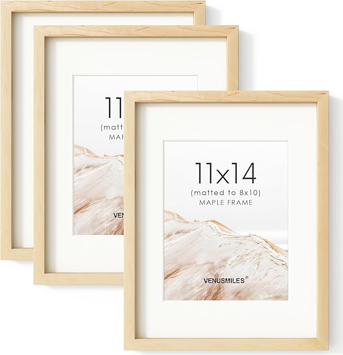 11x14 Picture Frame Set of 3, USA-Sourced Natural Maple Wood Photo Collage Frame with HD Tempered Glass, Modern Simple 11 x 14 Wooden Frame Matted to 8x10, Vertical & Horizontal Wall Hanging Display