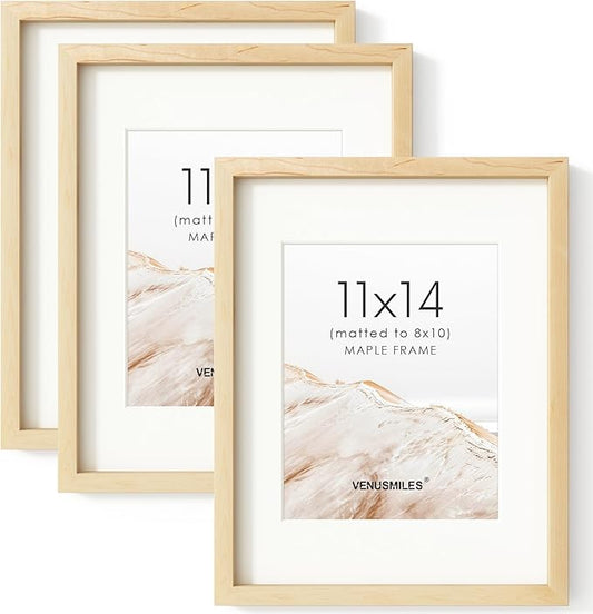 11x14 Picture Frame Set of 3, USA-Sourced Natural Maple Wood Photo Collage Frame with HD Tempered Glass, Modern Simple 11 x 14 Wooden Frame Matted to 8x10, Vertical & Horizontal Wall Hanging Display
