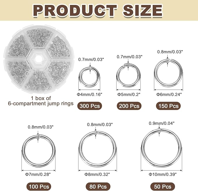 MECCANIXITY Jump Rings for Jewelry Making, 6 Sizes Alloy Open Jump Rings for Keychains Earings DIY Craft(Silver, 880Pcs)