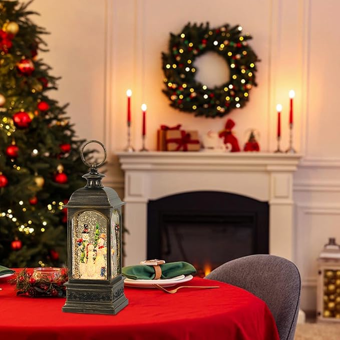 GenSwin Christmas Snow Globes with Music USB Rechargable Cable and Timer, Christmas Lantern Decorations Indoor, 1 Pcs Christmas Music Box with 3 Snowman for Festival Centerpieces