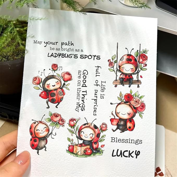 Ladybug Rose Flower Stamps and Cutting Dies for Card Making DIY Transparent Silicone Clear Stamp and Metal Die Cuts Sets for Scrapbooking Paper Greeting Cards Decor Seals Craft Supplies