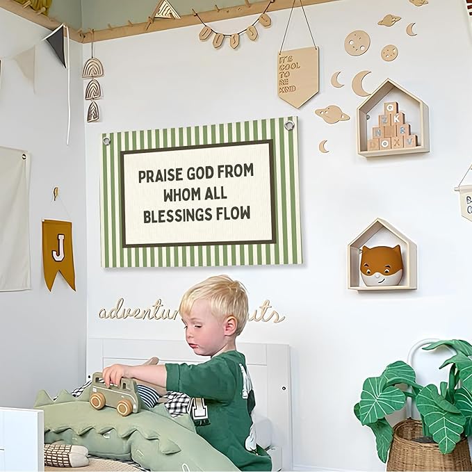 Christian Nursery Decor, Kids Room Decor Linen Canvas Banner,Green Bedroom Wall Hanging Decor for Kids Room Playroom Classroom Homeschool Art, 30x20 Inch
