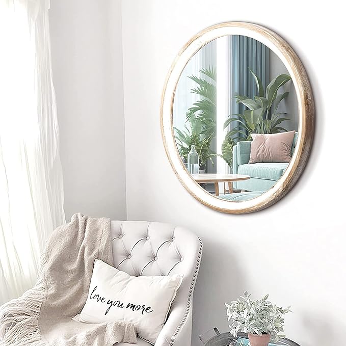 24 Inches Round Wooden Farmhouse Wall Mirror, Decorative Circle Mirrors for Bathroom, Entryway, Living Room, Bedroom - Housewarming Gift