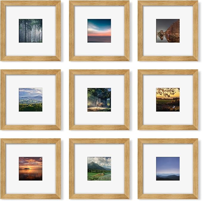 8x8 Picture Frame Set of 9, Photo Gallery Wall Frame Set, Display Pictures 4x4 with Mat or 8 x 8 Without Mat, Square Frame Picture Frames Collage Wall Decor, Natural Oak