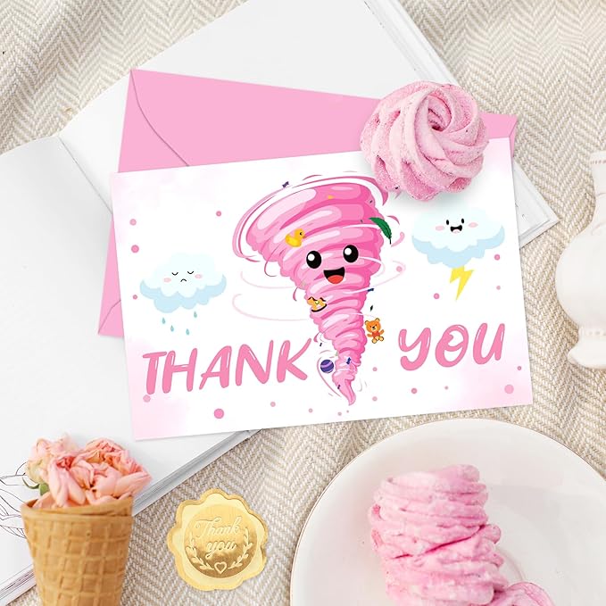 24 Pack Two-nado Party Thank You Card Pink Tornado Greeting Cards with Envelopes Stickers Blank Note Cards for 2nd Birthday Baby Shower, 4 x 6 Inch