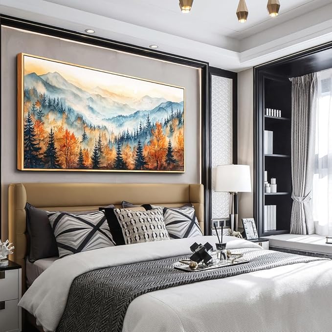 KELIYUAN Panoramic Wall Painting Canvas Wall Art For Living Room Large Wall Decor For Bedroom Abstract Mountain Forest Painting Pictures Office Decor Modern Room Home Decor Wood Framed 20"X40"