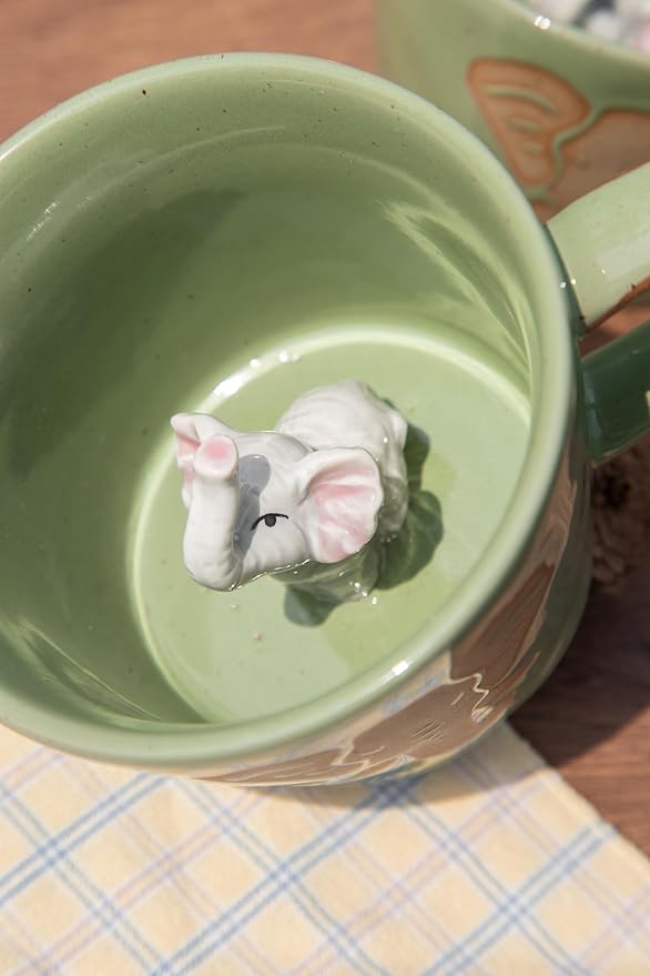 DIHOclub Elephant Coffee Cup Ceramic 3D Wild Animal Inside Mug,Cute Cartoon Handmade Figurine Mugs,Holiday and Birthday Gift for Coffee Milk Tea Lovers,12 O(Green Elephant)