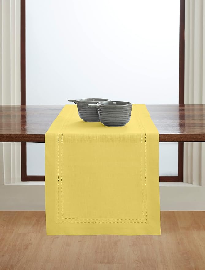 Solino Home Linen Sunshine Yellow Hemstitch Table Runner 48 Inches - 100% Pure Linen Small Table Runner 14 x 48 Inch Ideal for Dresser and Coffee Tables, Spring, Easter - Double Hemstitch
