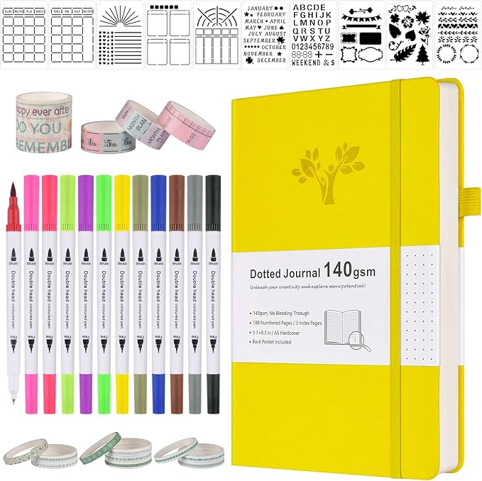 Bullet Dotted Journal Kit, 140gsm No Bleed A5 Dotted Bullet Grid Journal Set with 188 Pages, 10 Stencils, 14 Washi Tape, 12 Brush Pens Dual Tip, Journaling Supplies for Diary Schedule Planner, Yellow