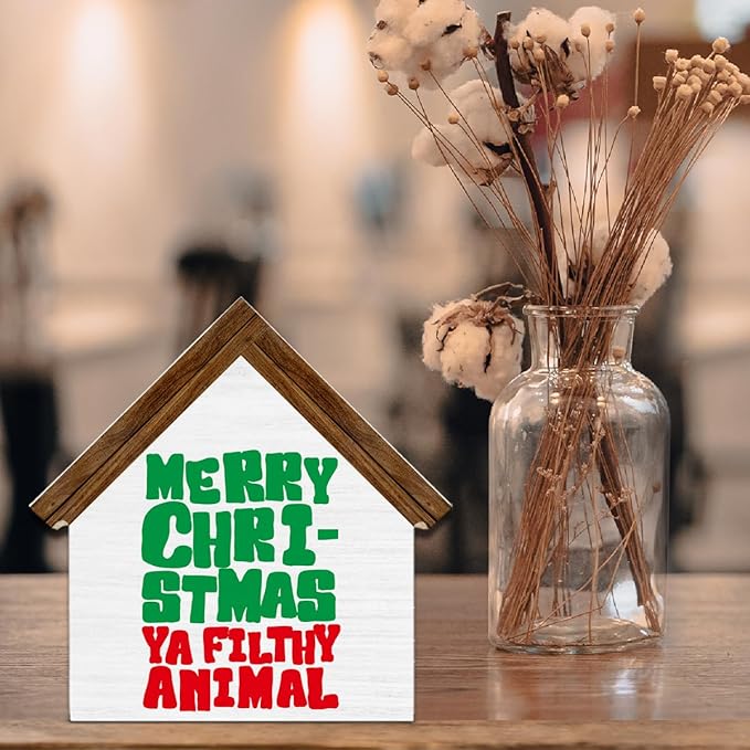 Funny Christmas Decor, Merry Christmas Ya Filthy Animal House Shaped Wood Sign, Xmas Decorations for Farmhouse Home Office