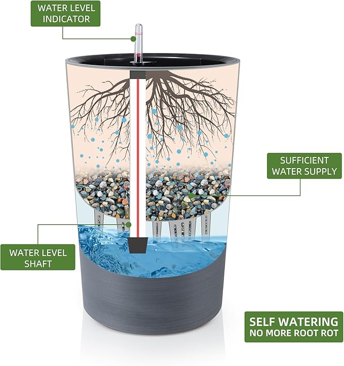 Dexceder 16x12 Tall Self Watering Planter High Cylinder Indoor Outdoor, Thickened Large Floor Standing Flower Plant Pot with Water Level Indicator (Gray, Wire Drawing)