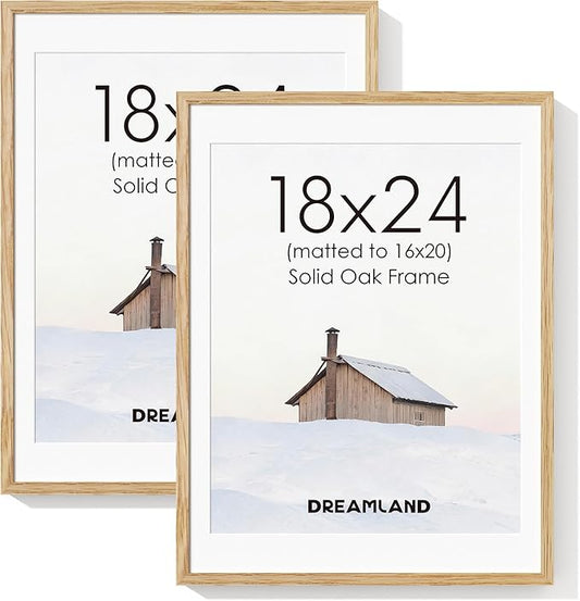 Dreamland 18x24 Picture Frame, Natural Oak Wood Poster Frame with Mat for 16x20, 18 x 24 Matted Picture Frames with Tempered Real Glass for Wall Art Photo and Prints, Oak Color, Set of 2