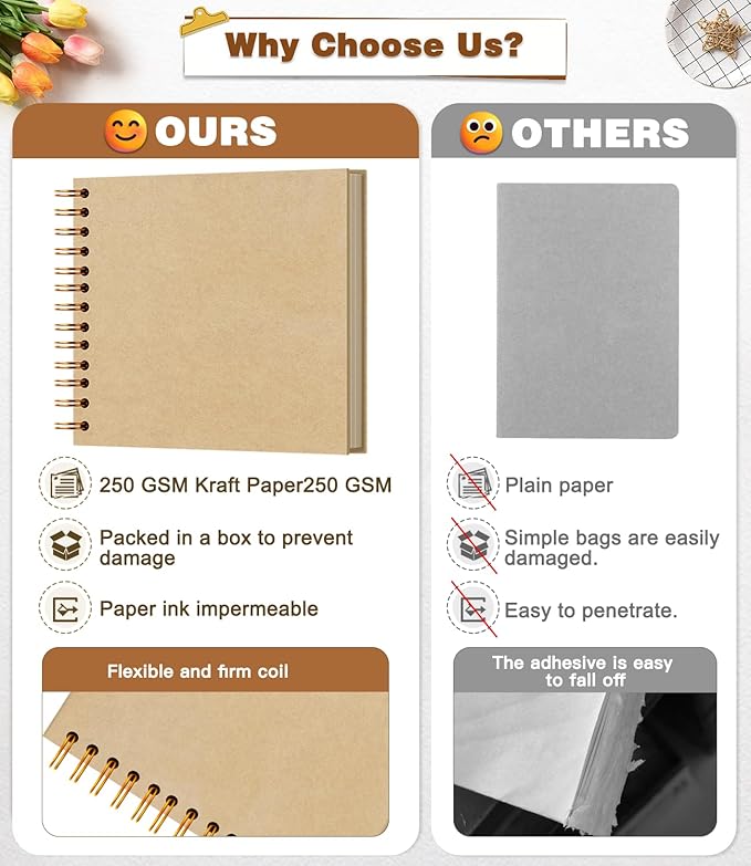 EJBLFE DIY Scrapbook Album, Hardcover Kraft 7x7 inch 40 Pages Scrap Book Photo Album with Metallic Pen for Family Memory Book, Wedding Anniversary, Tickets Etc
