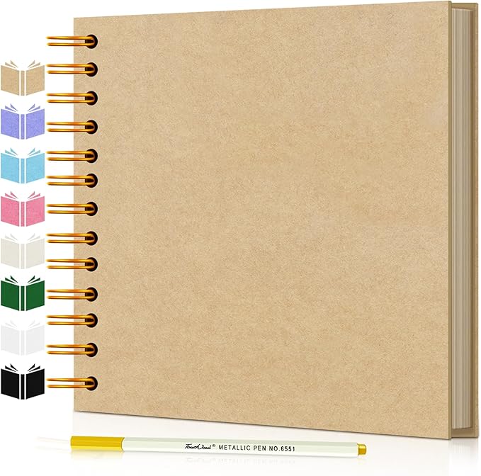 EJBLFE DIY Scrapbook Album, Hardcover Kraft 7x7 inch 40 Pages Scrap Book Photo Album with Metallic Pen for Family Memory Book, Wedding Anniversary, Tickets Etc