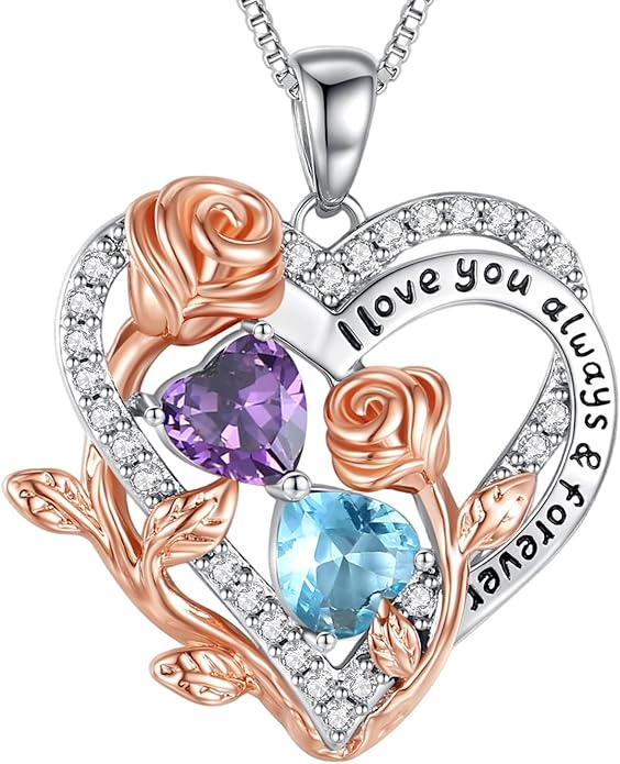 I Love You Birthstone Necklace, 925 Sterling Silver Heart Pendant with CZ Diamond Stones, Birthday Gifts for Women, Romantic Gift for Wife, Girlfriend, Her, Anniversary, Valentine's Day, Christmas