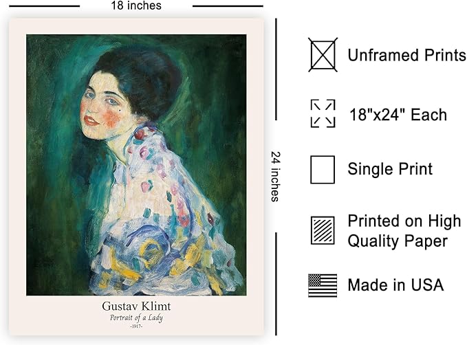 Poster Master Vintage Gustav Klimt Poster - Retro Portrait of a Lady Print - Expressionism Art - Woman Art - Classic Painting - Aesthetic Art - Living Room or Office Decor - 18x24 UNFRAMED Wall Art