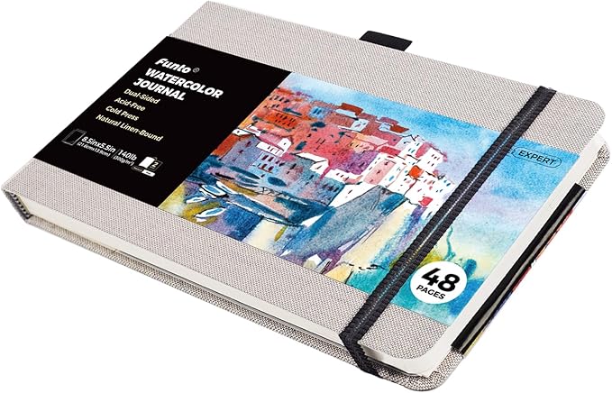 Funto Watercolor Journal, 8.5x5.5, 48 Pages, Cold-Pressed, Inner Paper Pocket and Elastic Band, Art Supplies for Mixed Media