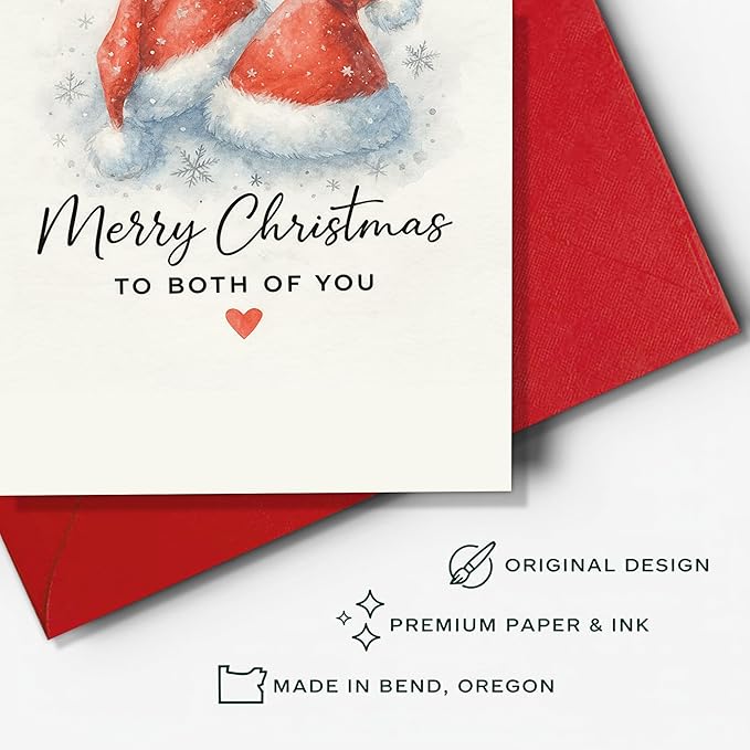 (5.3x8in) Merry Christmas to Both of You Card, Elegant Watercolor Santa Hats Design with Snowflakes Heart, Romantic Greeting Card for Couples, Friends Family, Festive Card with Envelope (Xmas 43)
