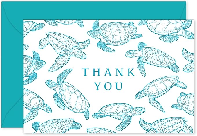 Whaline 24 Pack Ocean Thank You Card Greeting Cards with Envelopes Stickers Teal Sea Turtle Blank Note Cards for Summer Birthday Baby Shower Party Supplies