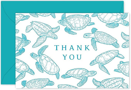 Whaline 24 Pack Ocean Thank You Card Greeting Cards with Envelopes Stickers Teal Sea Turtle Blank Note Cards for Summer Birthday Baby Shower Party Supplies