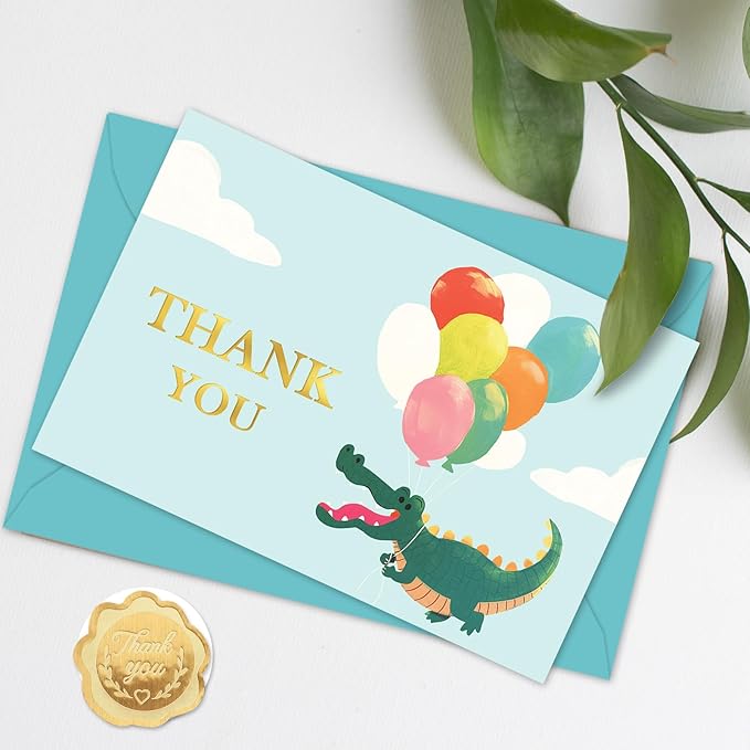 Whaline 24 Pack Alligator Birthday Thank You Cards Greeting Cards Gold Foil Blank Note Card with Envelopes Stickers for Boy Baby Shower Gender Reveal, 4 x 6 Inch