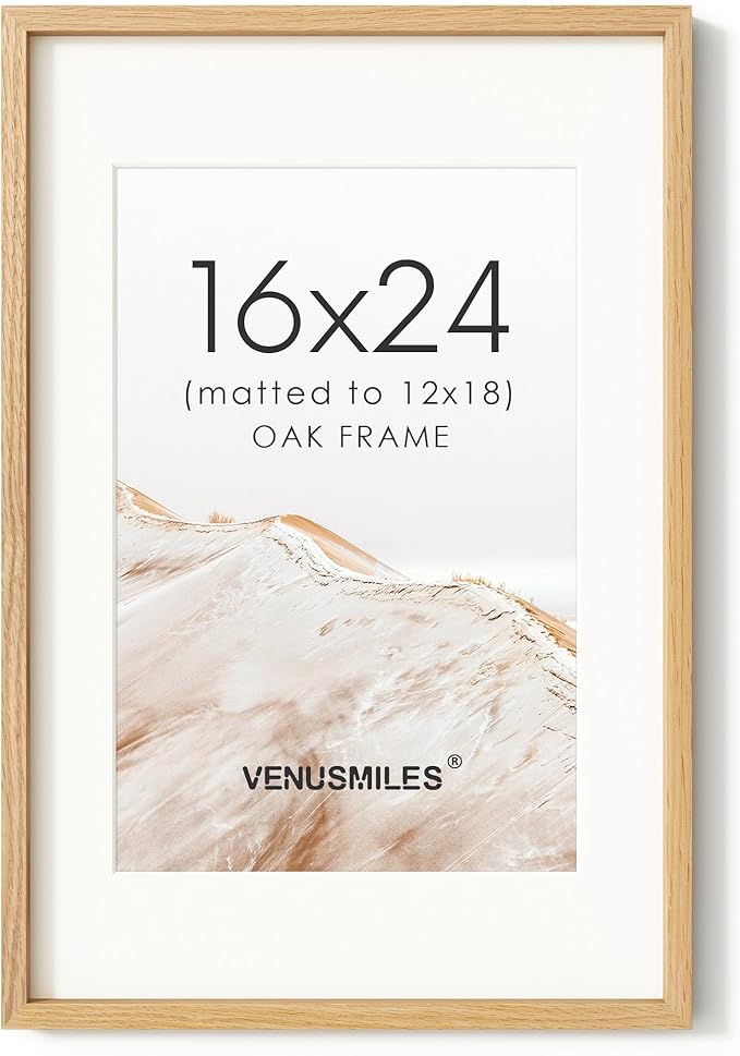 16x24 Poster Frame, USA-Sourced Natural Oak Wood Picture Collage Frame with HD Tempered Glass, Modern Simple 16 x 24 Wooden Photo Frame Matted to 12x18, Vertical & Horizontal Wall Hanging Display
