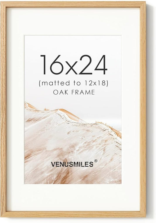 16x24 Poster Frame, USA-Sourced Natural Oak Wood Picture Collage Frame with HD Tempered Glass, Modern Simple 16 x 24 Wooden Photo Frame Matted to 12x18, Vertical & Horizontal Wall Hanging Display