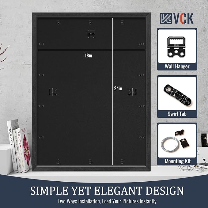 VCK 18x24 Frames Black Set of 5, Wide Border Wood, Display 16x20 Picture Photo with Mat or 18 x 24 without, for Home, Office, Gallery, Woodgrain Series, Wall Hanging