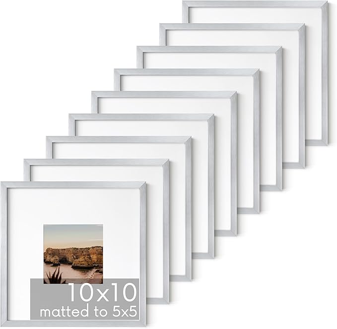 HAUS AND HUES 10x10 Silver Metal Picture Frames Matted to 5x5 - Premium Aluminum with Hanging Hardware, Shatterproof Plexiglass - Ideal for Home or Office (10x10 in, Silver, Set of 9)