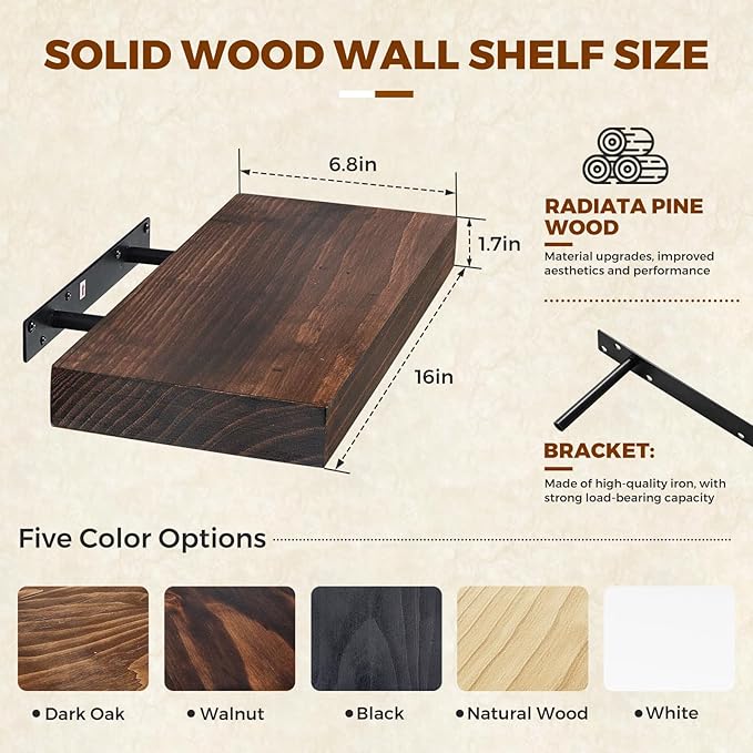 Floating Wall Shelf 16x6.8x1.7 Inch – Solid Wood Shelf in Walnut Finish – Wall Mounted Rustic Display Organizer for Bathroom, Kitchen, Bedroom, Small Spaces – Set of 2