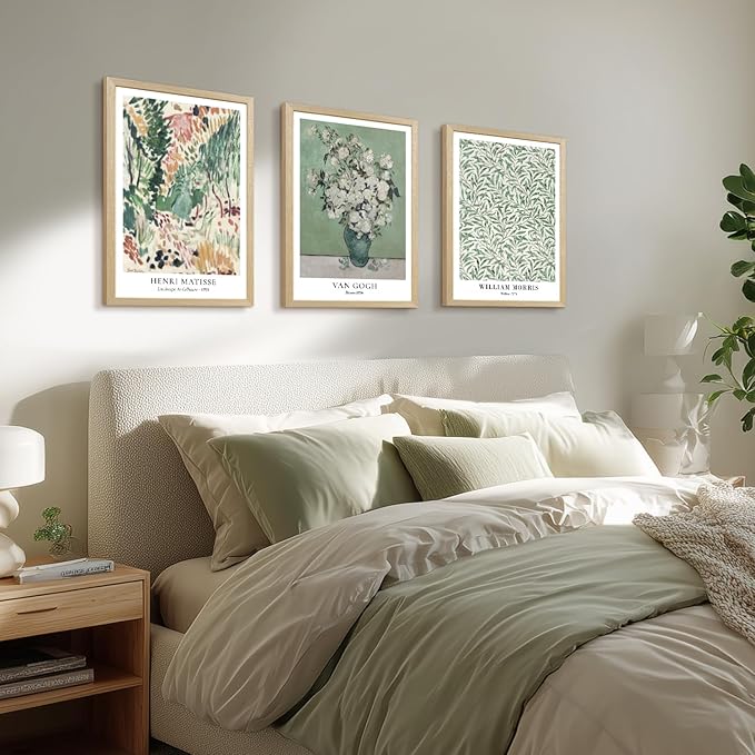 LLEEMPI Matisse William Morris Wall Art Set of 3, Sage Green Botanical Wall Decor, Abstract Van Gogh Flowers Canvas Prints, Vintage Florals Poster Print for Bedroom Bathroom Wood Framed 16x24 Inch