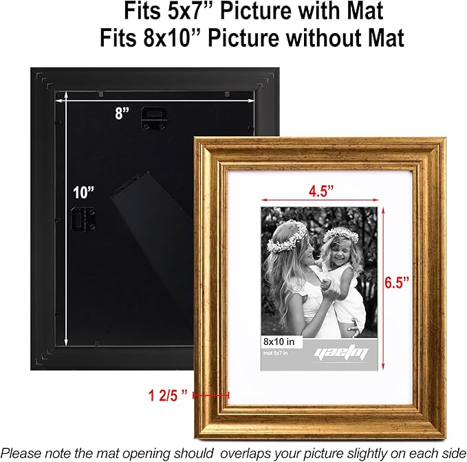 Yaetm 8x10 Picture Frame Matted to 5x7 Set of 4, 1.4” Wide Molding & Rustic Gold Photo Frames 8 x 10 with Tempered Glass, Display on Tabletop & Wall Mounting (4 pack, Gold)