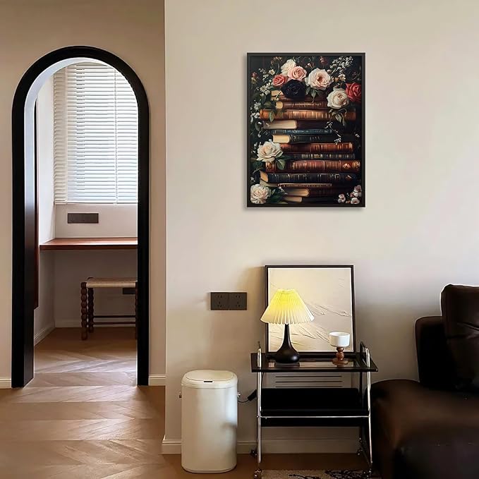 Dark Academia Book Canvas Posters Moody Botanical Floral Wall Art Vintage Antique Victorian Aesthetic Oil Painting 16X24 inch Black Framed for Gallery Library Wall Decor