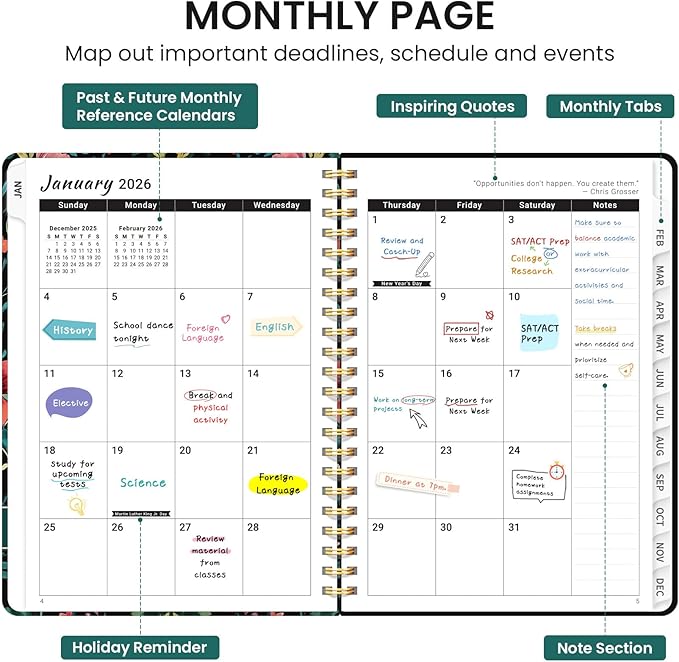 2026 Planner, Weekly and Monthly Calendar Planner for Women, Jan 2026 - Dec 2026, Hardcover Planning Agenda book with Tabs, Spiral Bound, Inner Pocket, Perfect for School Office Supplies, 6.3" x 8.5" - Radiant Petals