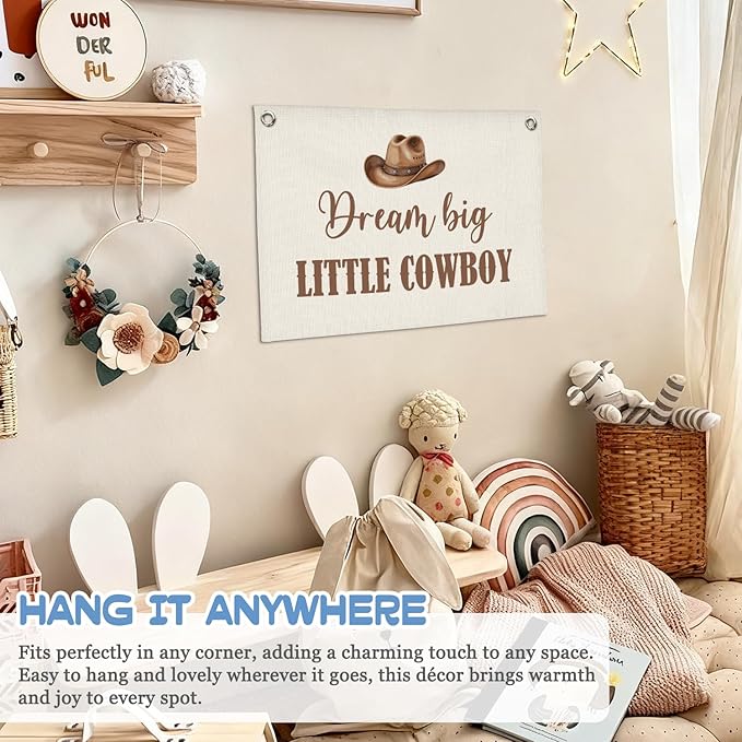 Vintage Western Cowboy Nursery Decor Wall Art,Dream Big Little Cowboy Linen Banner Print,Western Wall Decor Hanging Banner Flag for Kids Boys Toddler Nursery Bedroom Playroom 30x20 Inch