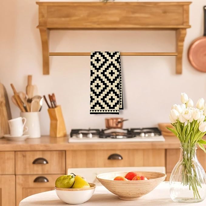 Neutral Abstract Kitchen Towels, Beige and Black Minimalist Dish Tea Towels for Kitchen Decor, Black and Cream Retro Mid Century Modern Decorative Hand Towel for Bathroom, 16x24 Inches