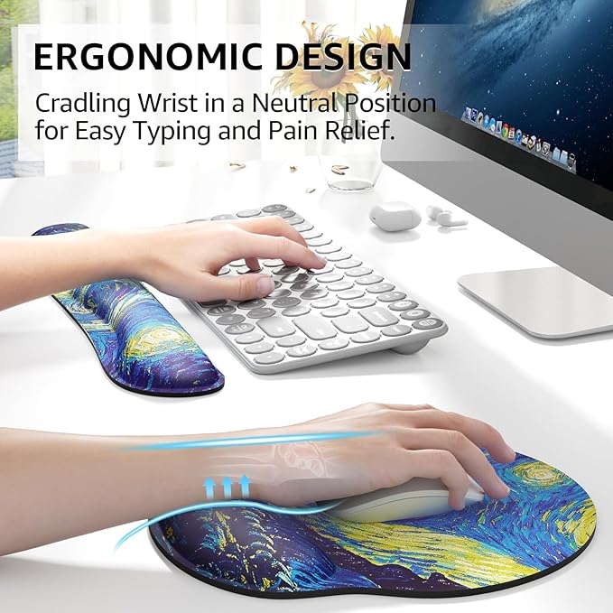 KTRIO Ergonomic Keyboard Wrist Rest, Memory Foam Mouse Pad with Wrist Rest for Computer Keyboard, Mouse Pad Set for Easy Typing & Pain Relief for Office & Home, Starry Night
