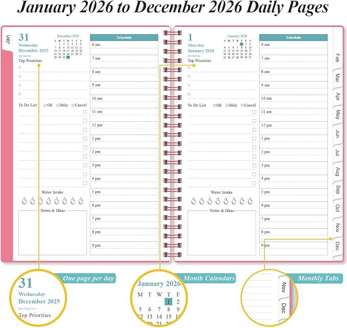 2026 Daily & Monthly Planner - One Page Per Day, Daily Planner 2026 from January 2026 to Deccember 2026, Planner 2026 with 12 Monthly Tabs, 6.4" x 8.5", Pink