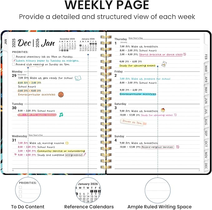 2026 Planner, Monthly and Weekly Calendar Planner for Women, Jan 2026 - Dec 2026, Hardcover Pretty 2026 Agenda Planner Book with Tabs, Spiral Bound, Perfect for School Office Home Supplies, 6.3" x 8.5" - Majestic Peacock