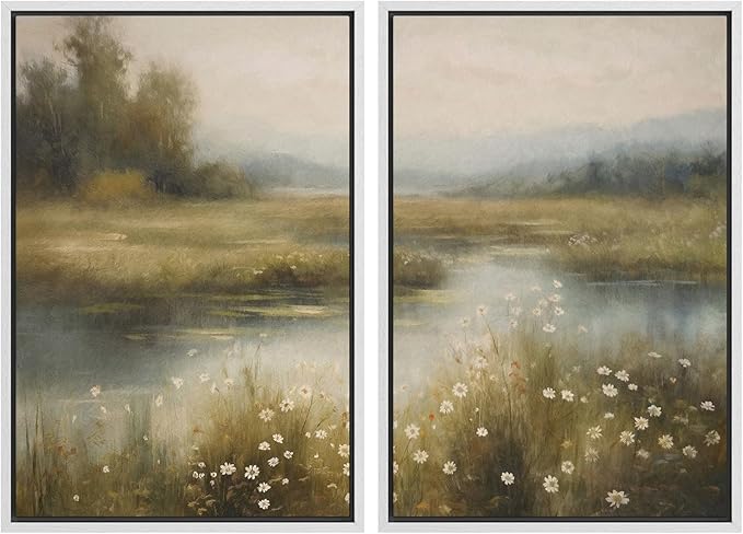 SIGNWIN Framed Canvas Print Wall Art Set Serene Marshland Landscape Rustic Illustration Modern Art Minimalism Decorative for Living Room, Bedroom, Office - 24"x36"x2 White