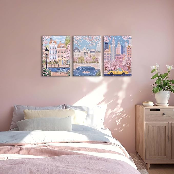 XLARTMY Watercolor City Landscape Travel Wall Art Canvas Framed Pink Cherry Flower Poster Girly Prints Painting Pictures Set of 3 for Bedroom Living Room Office 16x24in