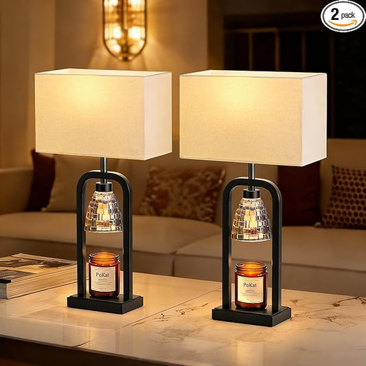 PoKat Table Lamps with Candle Warmer & Timer for Bedroom, Modern Bedside Lamps Set of 2 for Night Stands, 21.5'' Bedroom Lamps Decor for Living Room, Side Table, Hallway, Bulbs Included, Matte Black
