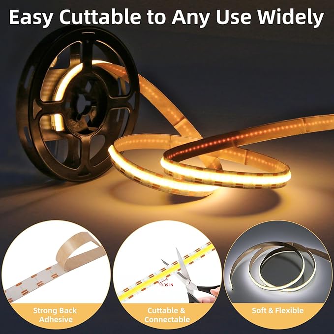 COB LED Strip Lights 5V USB 3.28ft/1m Under Cabinet Tape Lights Dimmable LED Lights 640LEDs 6000K White Cuttable LED Light Strip for Bedroom Kitchen DIY Lighting Room Decor TV Backlight