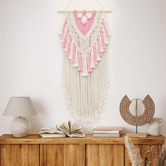 LB Pink Macrame Wall Hanging, Handmade Woven Tapestry Wall Hanging Modern Pink and Beige Wall Decor for Living Room Bohemian Macrame Wall Art for Office Apartment Bedroom Backdrop,15.7" W x 30.7" L