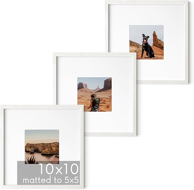 HAUS AND HUES White Oak Wood 10x10 Picture Frames - Set of 3, Square Frames with Mat, Minimalist White Frames for Posters and Photos (10x10 in, White, Set of 3)