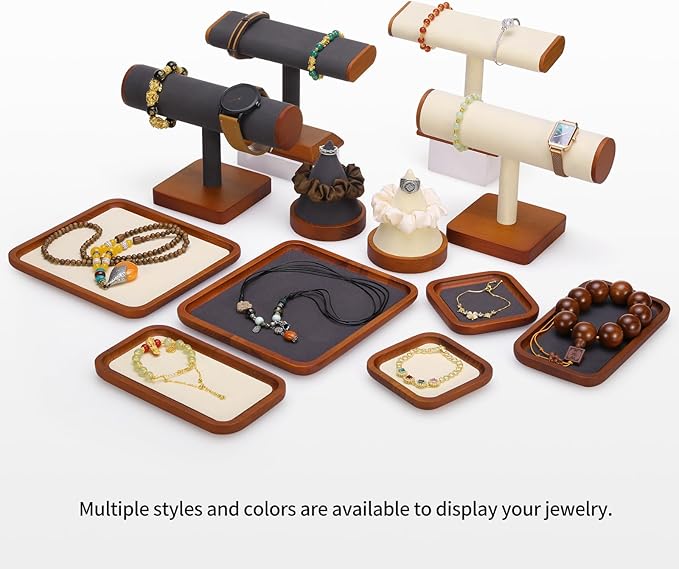 Wooden Jewelry Display Tray Rounded Rectangle Ring Showcase Stackable Elegant Bracelet Watch Jewelry Organizer for Personal Use and Commerce (Gray, Large-W 7'' x H 0.6'' x L 7.9'')
